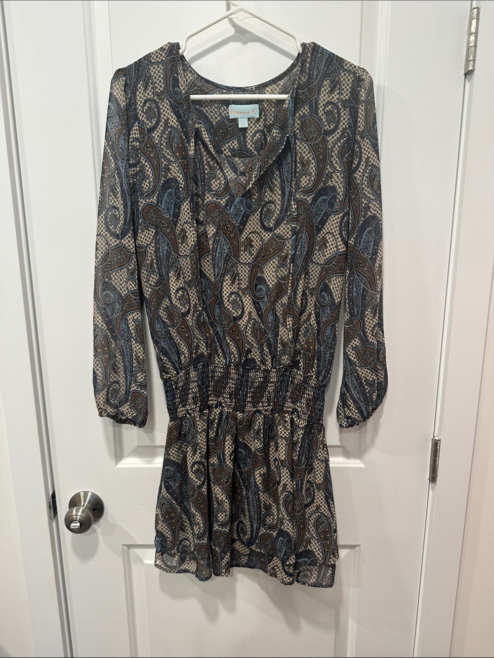 Veronica M Blue & Brown Paisley Long-Sleeve Smocked Waist Dress